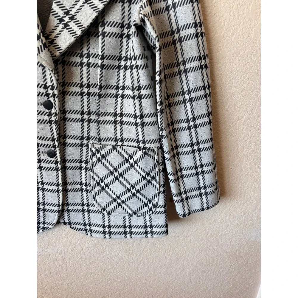 Vintage Black White Plaid Knit Blazer  Jacket Wide Lapel Patch Pockets Womens - Picture 5 of 8